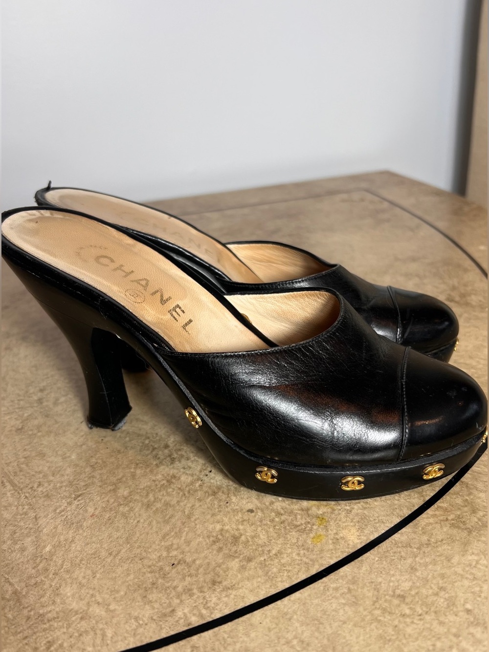 CHANEL Vintage Black Leather Platform Clog Mules with Gold CC Trim